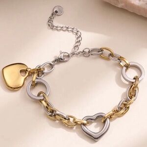 24k Gold Plated & Silver Heart Link Bracelet - Women Jewelry new